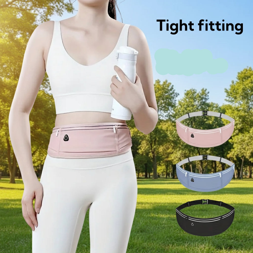 Person wearing a pink waist bag with text highlighting features on a light gray background