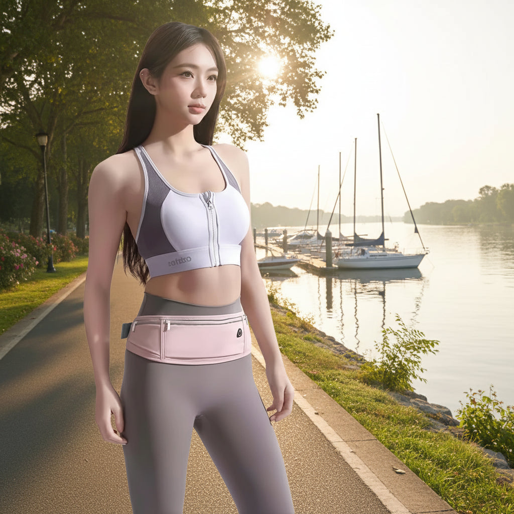 Woman wearing a sports outfit with a fanny pack and images of different fanny packs on a white background.