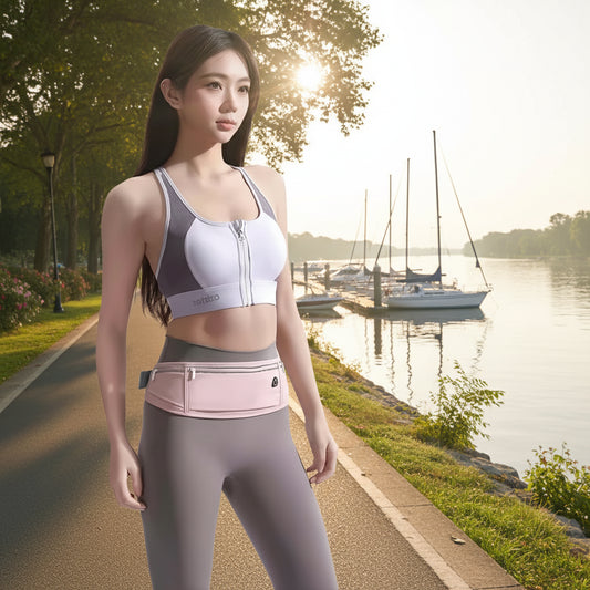 Woman wearing a sports outfit with a fanny pack and images of different fanny packs on a white background.